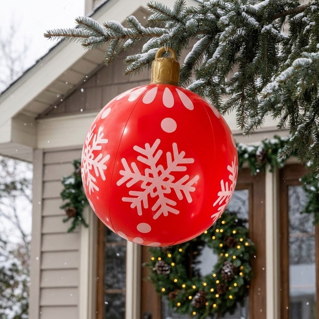 A red inflatable ornament with white snowflakes and a gold top hangs from a snowy evergreen branch near a wreath-decorated door.