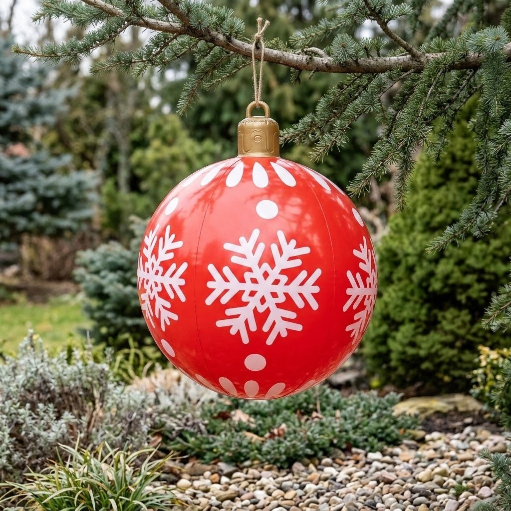 A red inflatable ornament with white snowflakes and a gold top hangs by twine from an evergreen branch above a pebble garden.