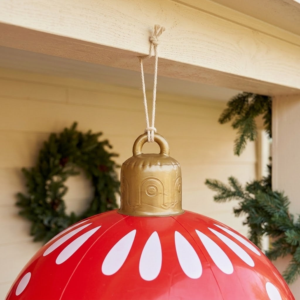 A close-up shows the gold cap and loop of a red inflatable ornament suspended by white cord beneath a porch beam.