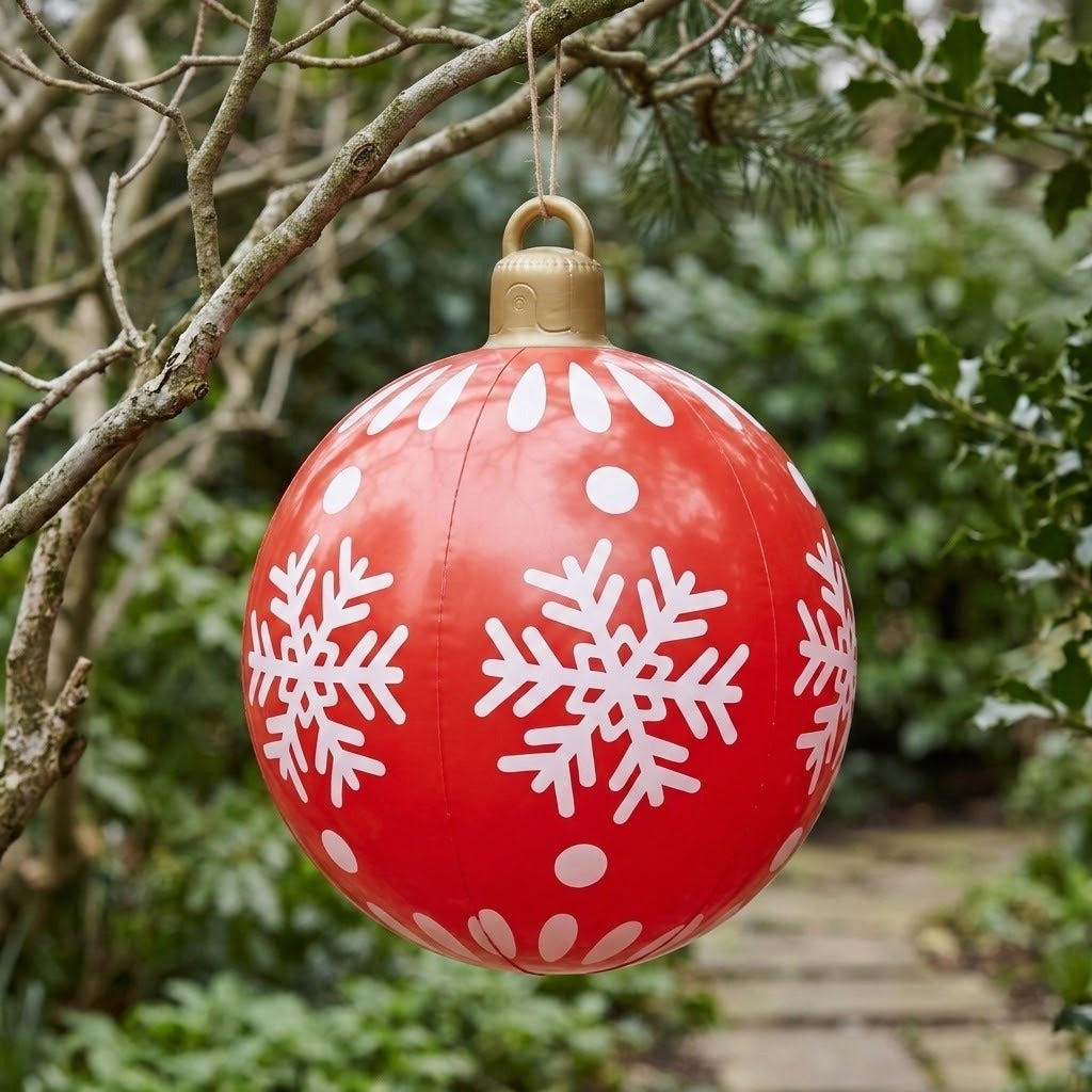 A red inflatable ornament with white snowflakes and a gold top hangs from a tree branch beside a leafy garden path.