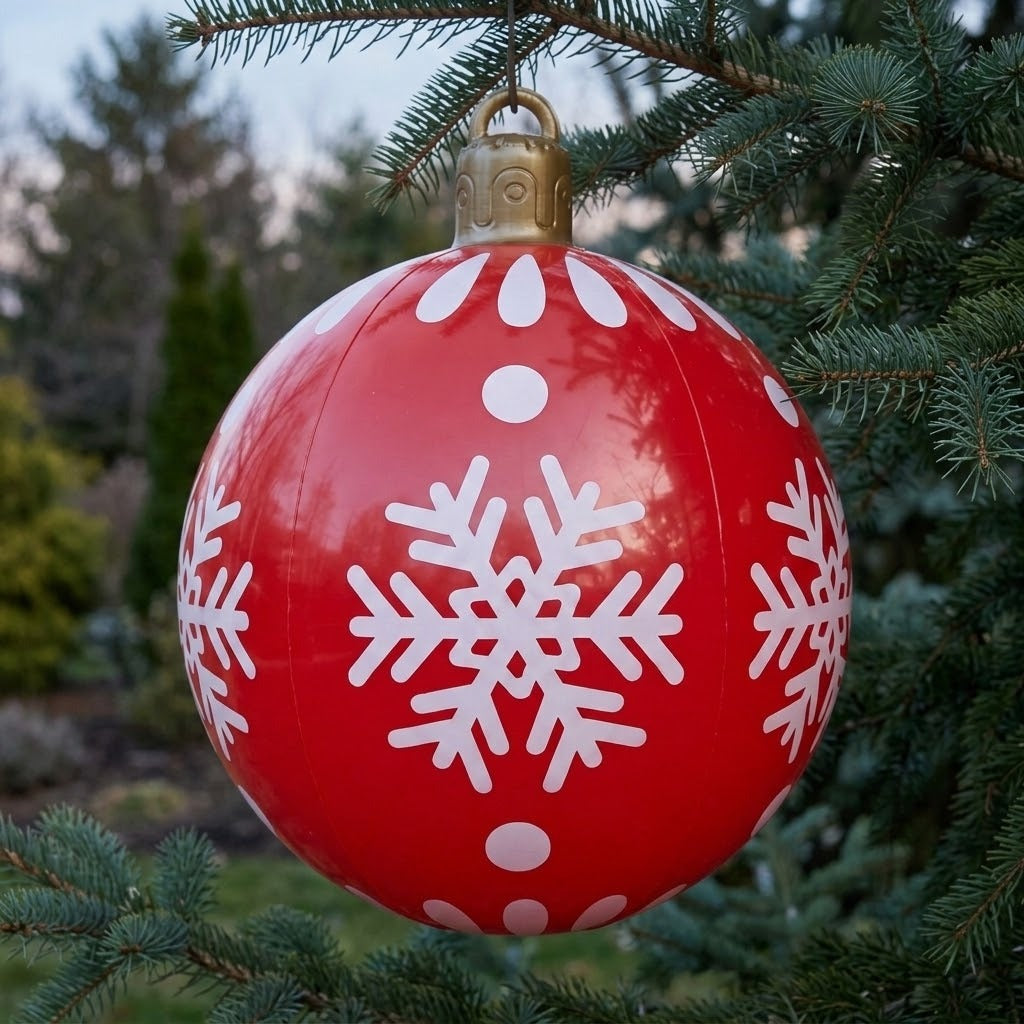 Red inflatable ornament with white snowflakes and dots and a gold hanging cap hangs from an evergreen branch outdoors.
