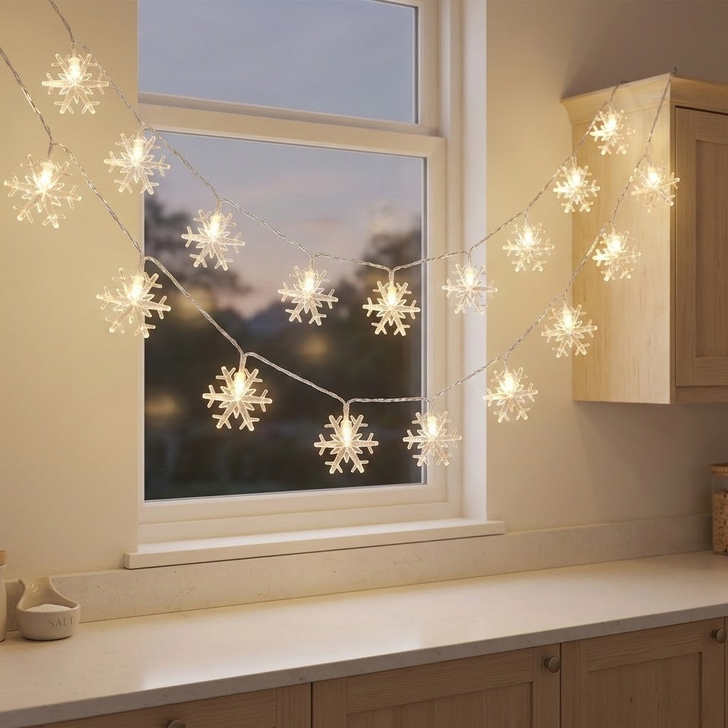 Warm white LED snowflake string lights draped across a kitchen window, casting a soft glow on the beige walls and light wood cabinetry.
