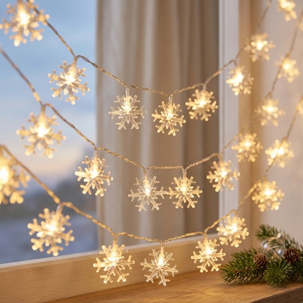Warm white LED snowflake string lights draped across a window ledge, with pine branches in the foreground and a softly blurred indoor background.
