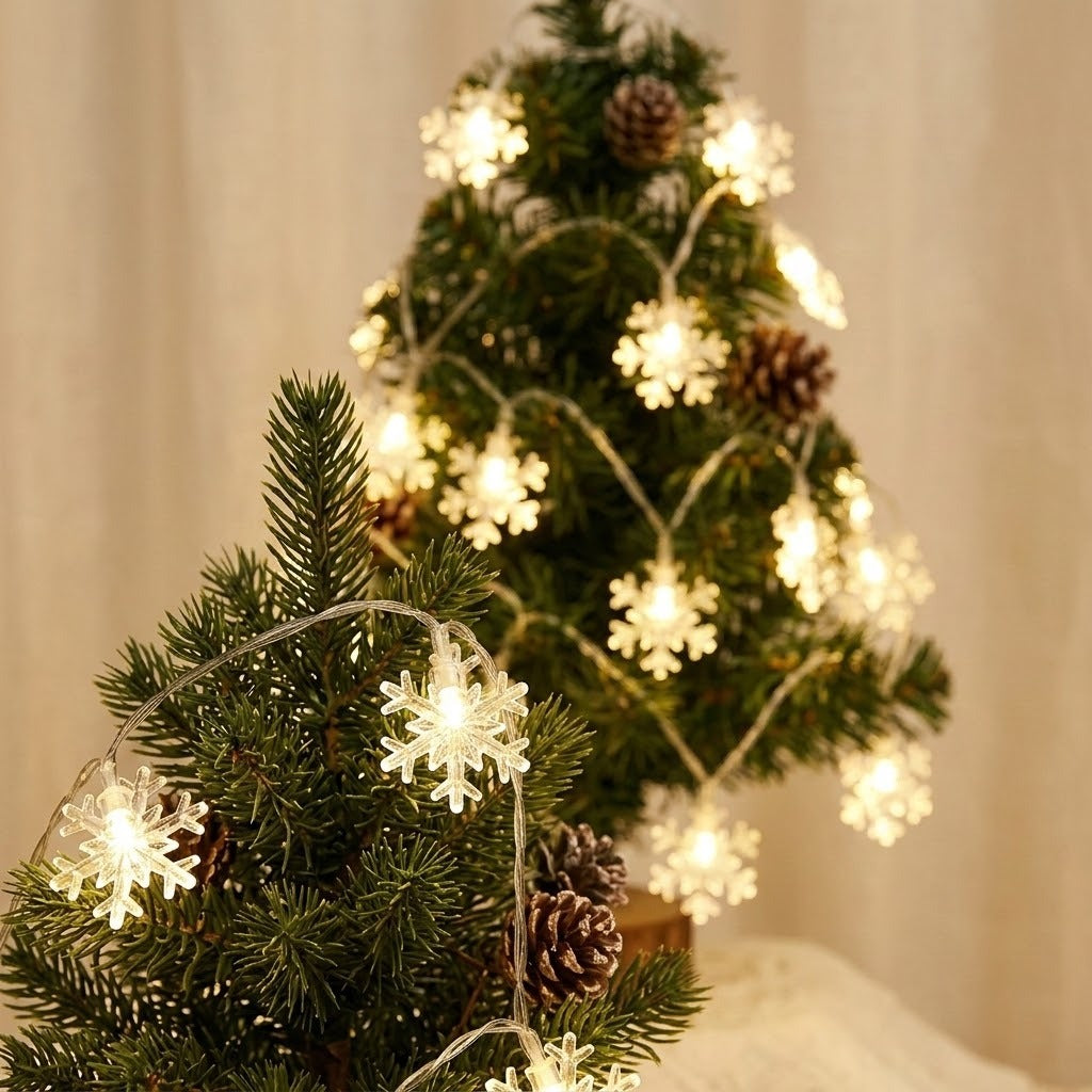 Warm white snowflake string lights wrap two small green Christmas trees with brown pinecones against a cream background.