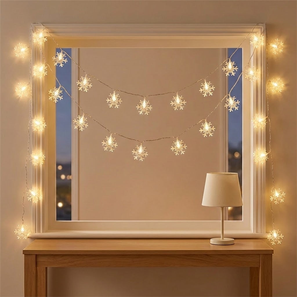 Warm white snowflake string lights drape across and around a white window frame above a wooden table with a small lamp.