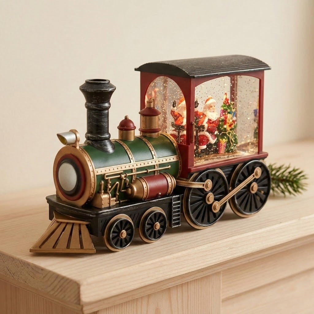 Green and red Christmas train decoration with gold detailing on a light wooden surface, its lit cab showing Santa and a tree.