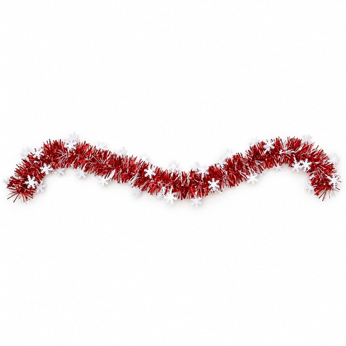 Red tinsel garland with white snowflakes lies in a gentle wave across a white background.