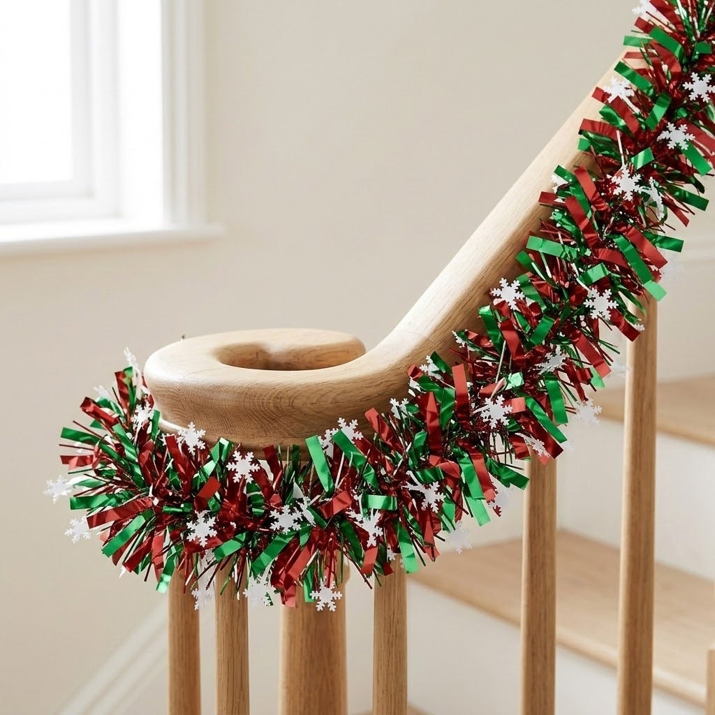 Red and green tinsel garland with white snowflakes follows a curved wooden stair railing beside a window.