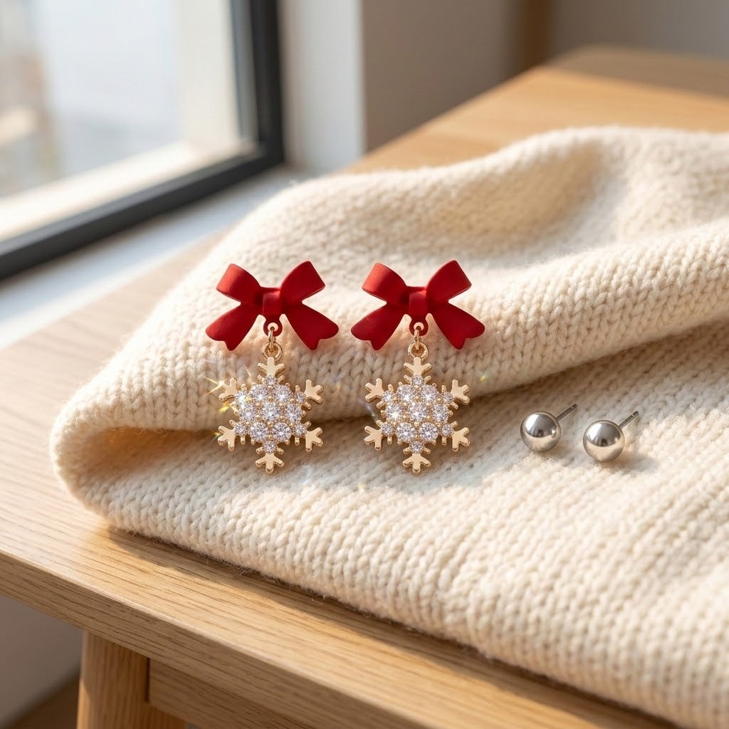 Red-bow snowflake drop earrings with clear rhinestones and gold-colored outlines rest on cream knit beside silver-colored ball studs near a window.