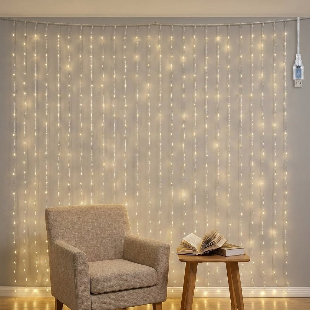 Warm white curtain lights hang against a gray wall behind a beige armchair and wooden table with books.