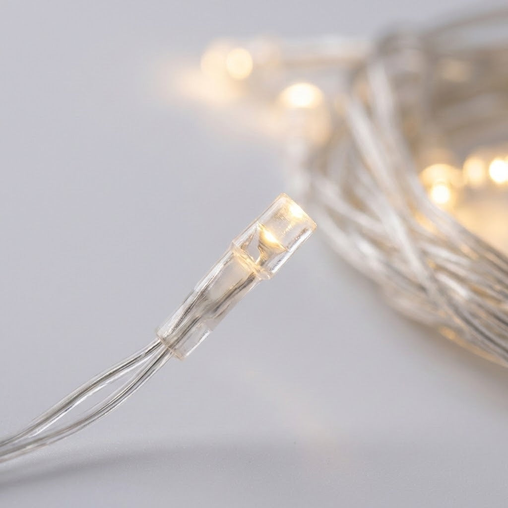 Curtain light close-up shows a warm white LED in clear casing with transparent wires against a pale background.