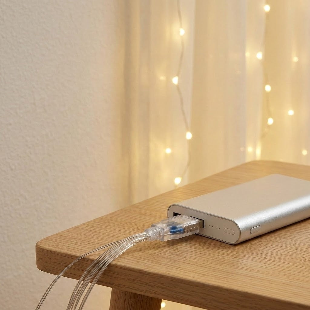 A clear USB connector plugs into a silver power bank on a wooden table, with warm white curtain lights behind.