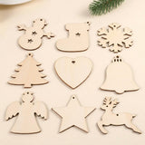 Nine pale wooden ornament blanks in Christmas, heart, and star shapes form three rows on a cream background.