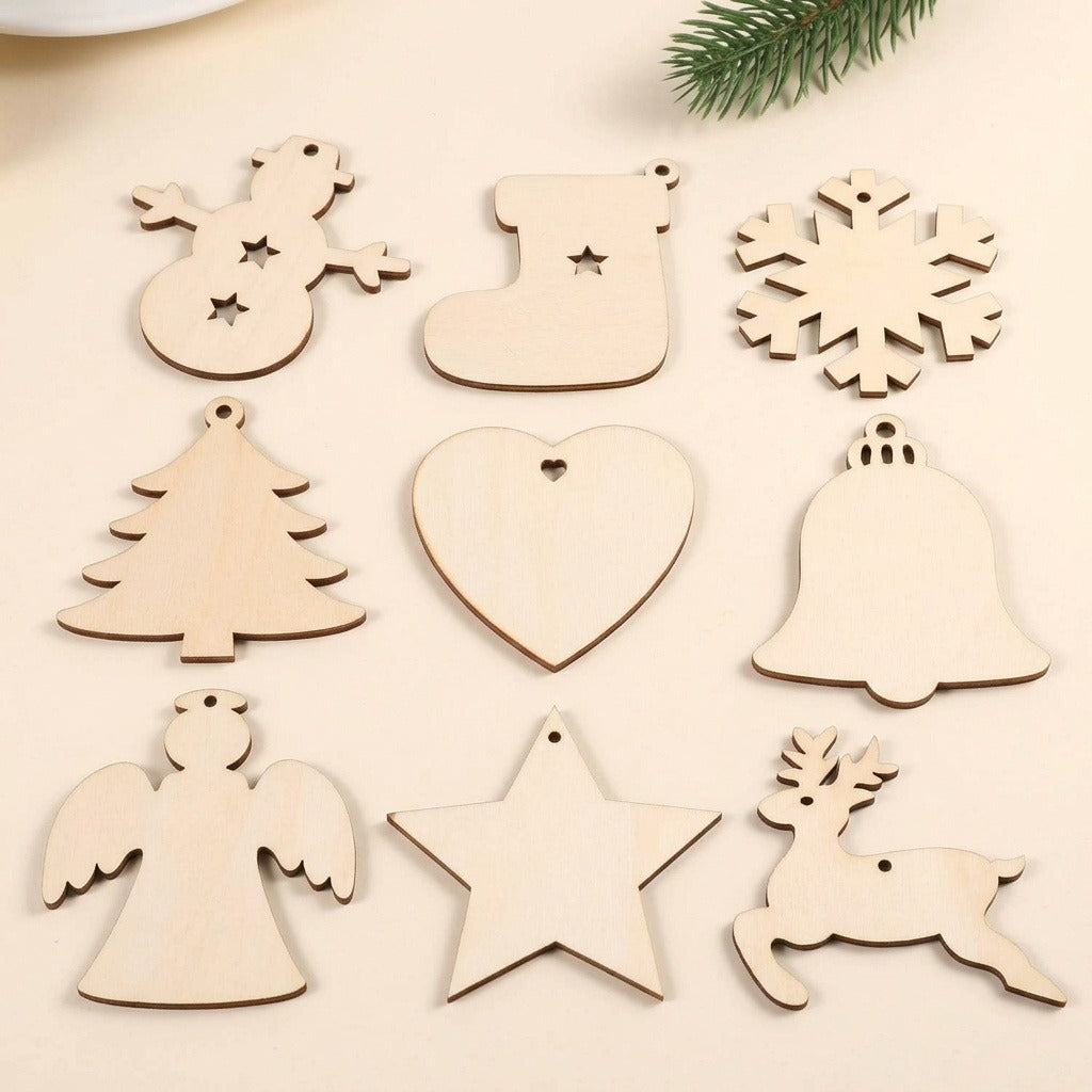 Nine pale wooden ornament blanks in Christmas, heart, and star shapes form three rows on a cream background.