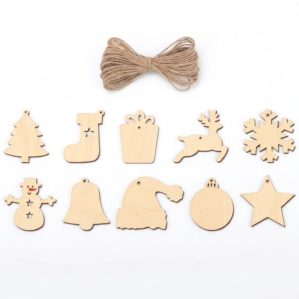 Ten pale wooden ornament blanks in mixed Christmas shapes sit beneath bundled brown twine on a white background.