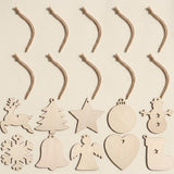 Ten pale wooden ornament blanks in assorted Christmas shapes sit beneath ten brown twine cords on a cream background.