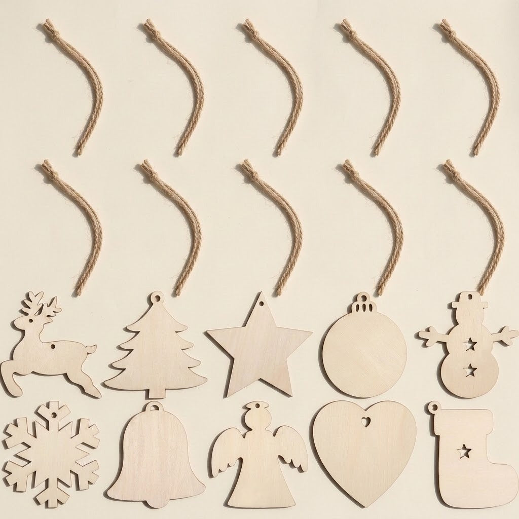 Ten pale wooden ornament blanks in assorted Christmas shapes sit beneath ten brown twine cords on a cream background.
