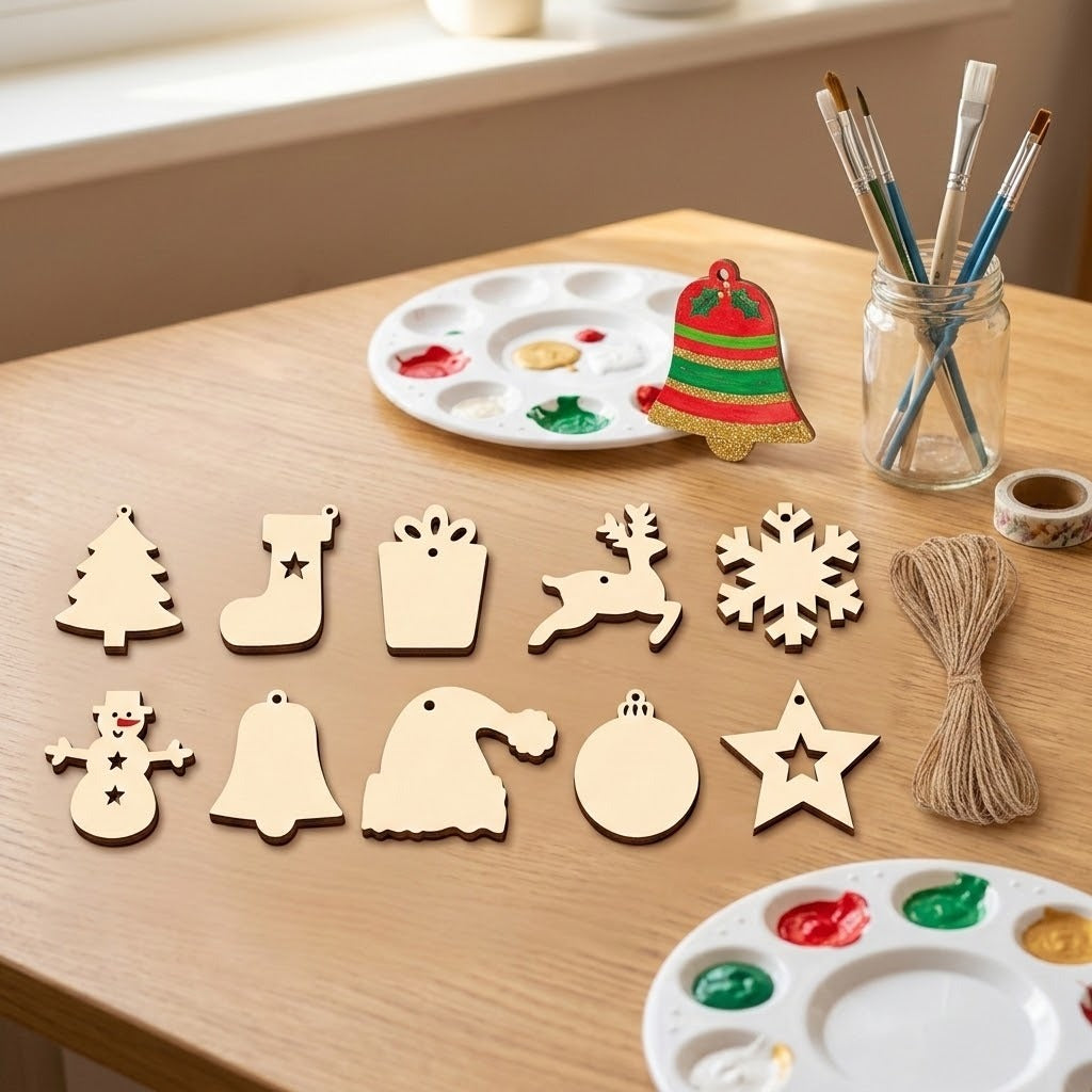 Pale wooden ornament blanks lie on a craft table beside twine, paint palettes, brushes, and a painted red and green bell.