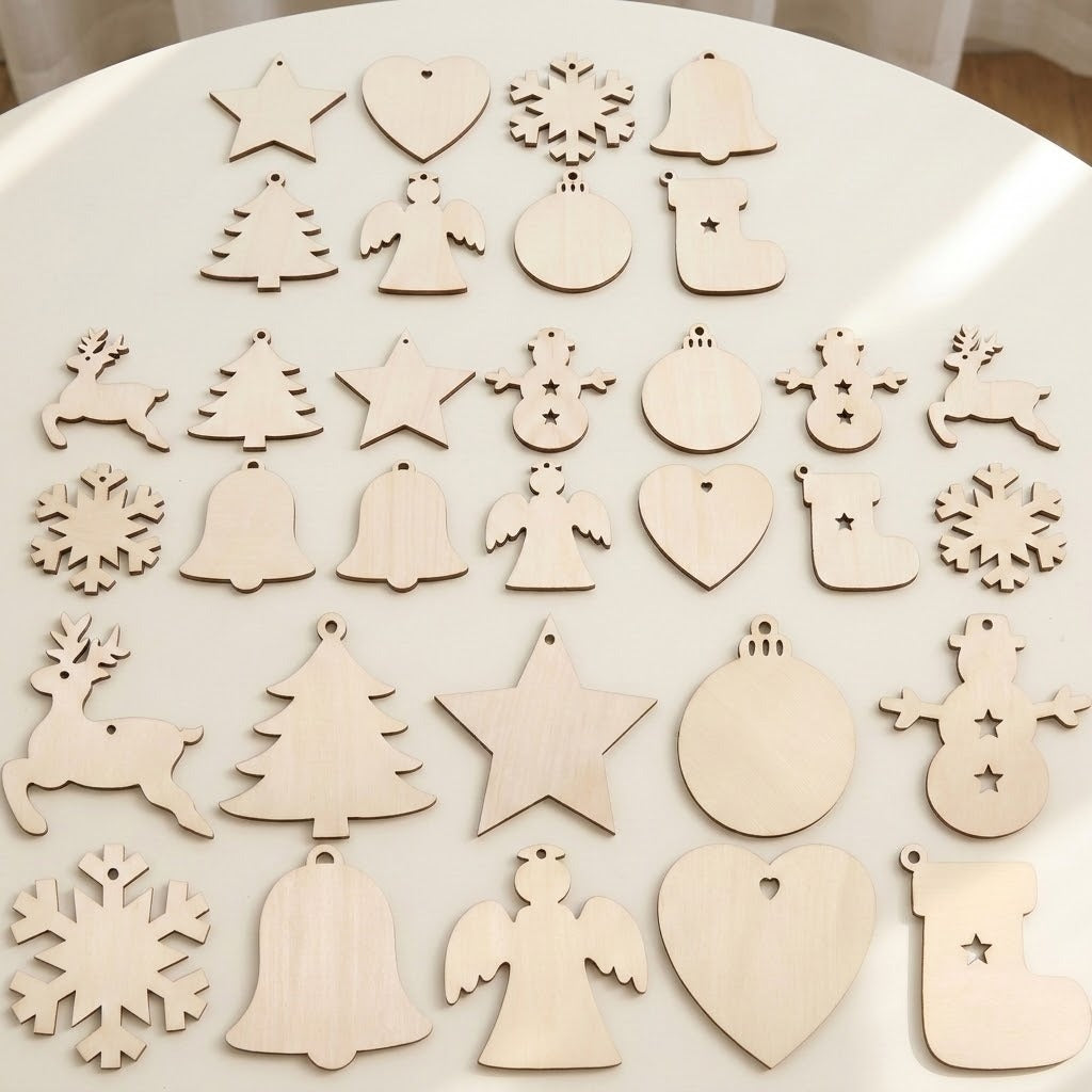 Pale wooden ornament blanks in assorted Christmas shapes and sizes lie in rows on a round white table.