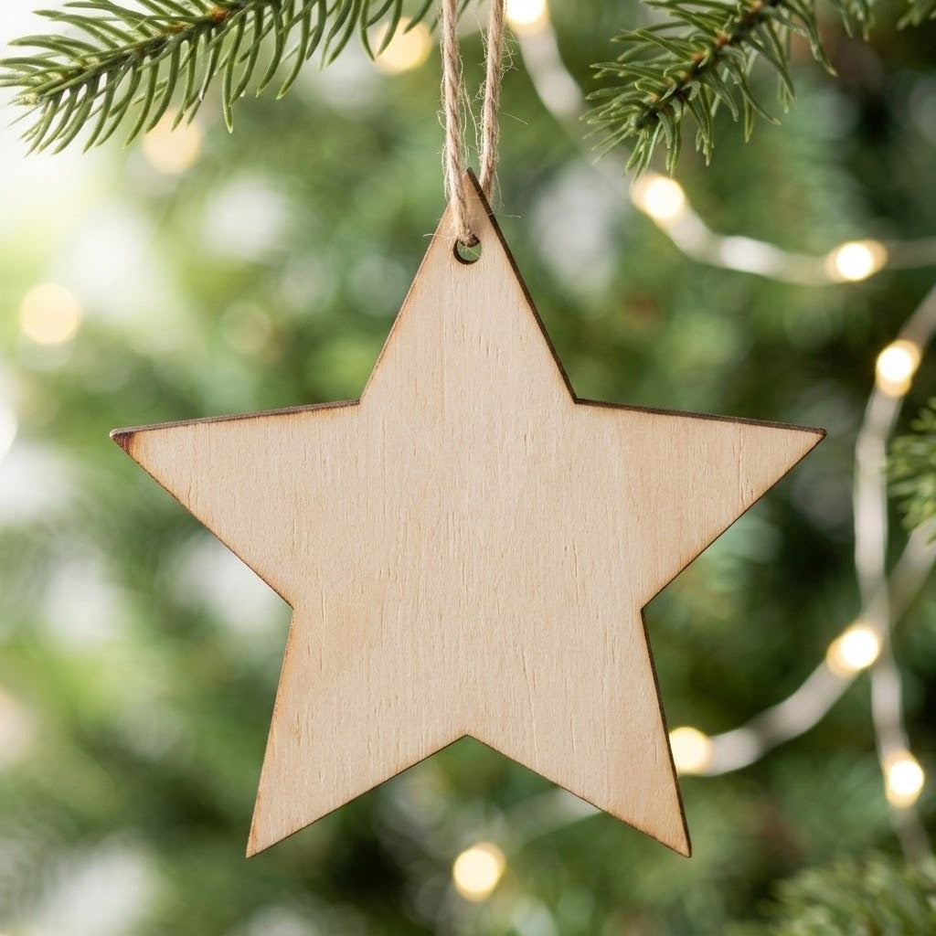 A pale wooden star ornament blank with dark edges hangs by brown twine from an evergreen branch against blurred warm lights.