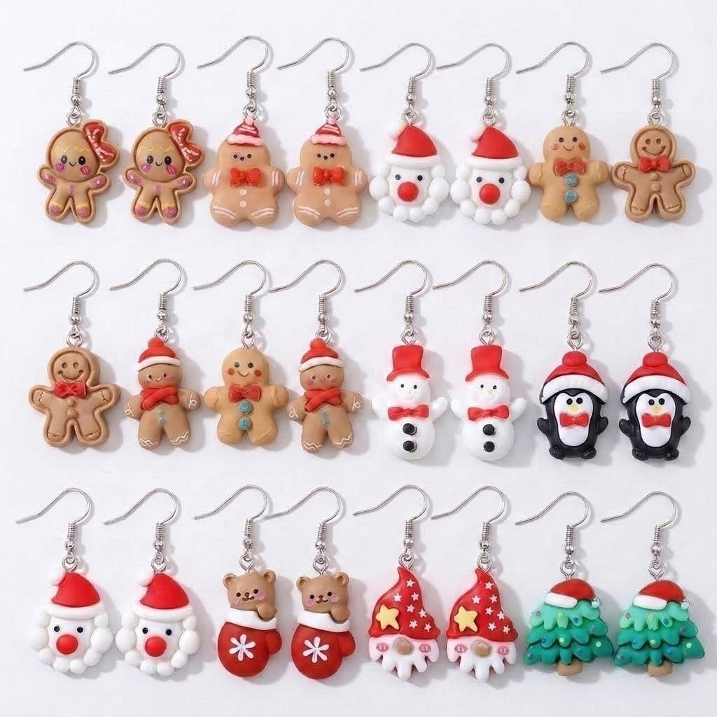 Twenty-four colorful Christmas drop earrings with silver hooks featuring gingerbread figures, Santas, snowmen, penguins, bears, gnomes, and trees on white.