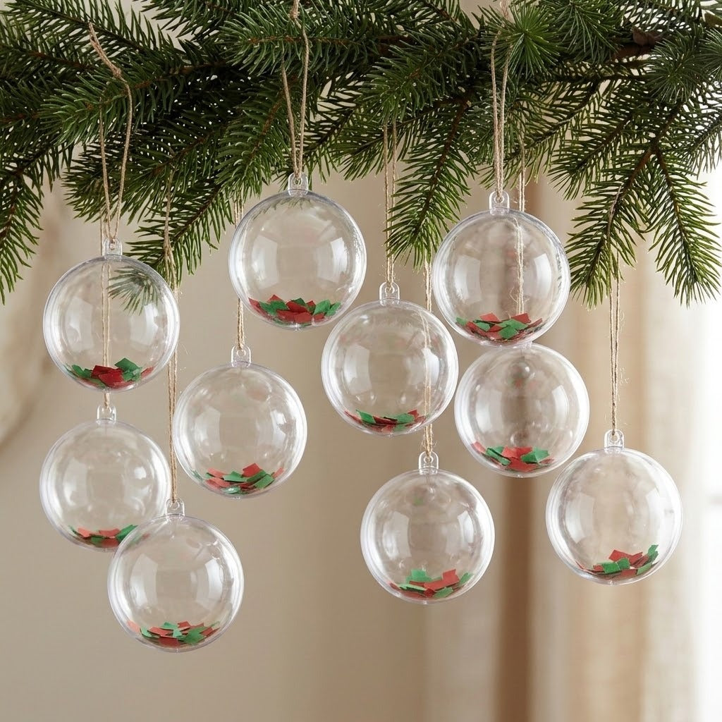Clear plastic fillable ornaments containing red and green confetti hang from evergreen branches against beige curtains.