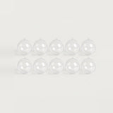 Ten clear plastic fillable ornaments with hanging loops sit in two evenly spaced rows against a white background.