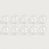 Ten clear plastic fillable ornaments with hanging loops form two rows of five across a white background.