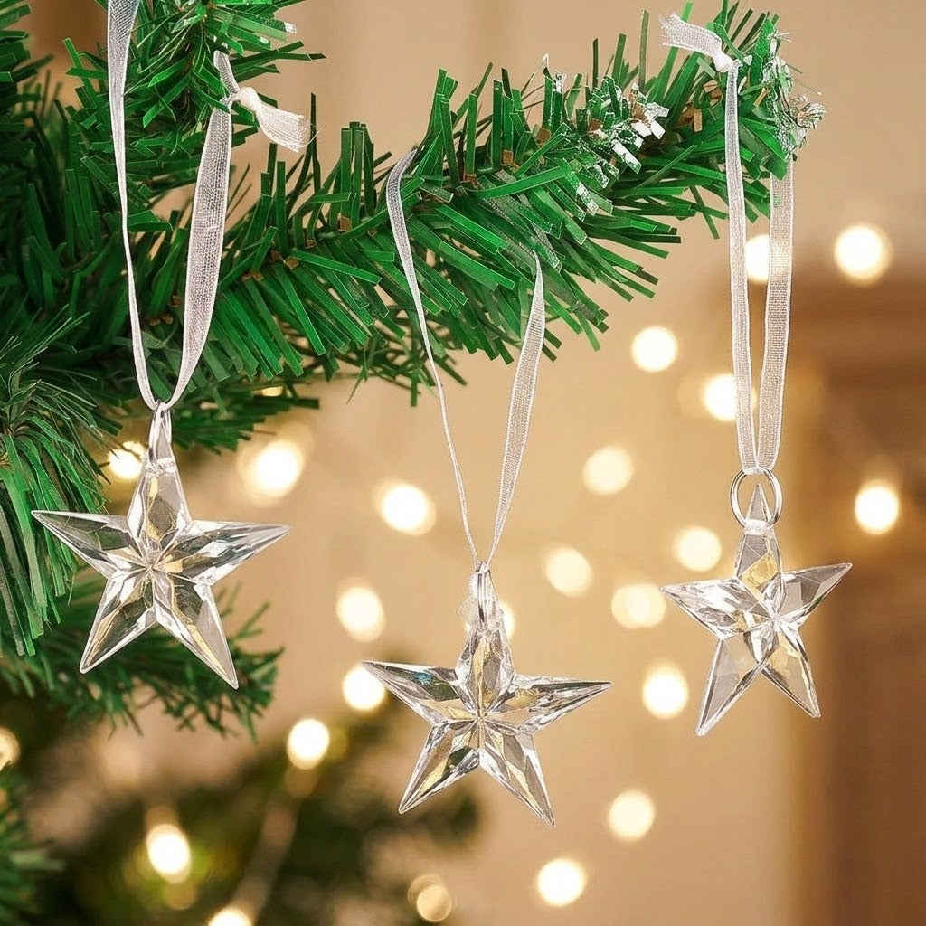 Three clear acrylic Christmas ornaments shaped like five-point stars hang from white ribbons on green branches against warm blurred lights.