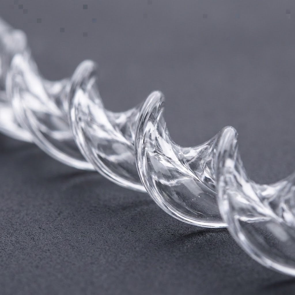 A clear acrylic Christmas ornament shaped like a spiral icicle lies diagonally on a dark gray textured surface, showing curved ridges.