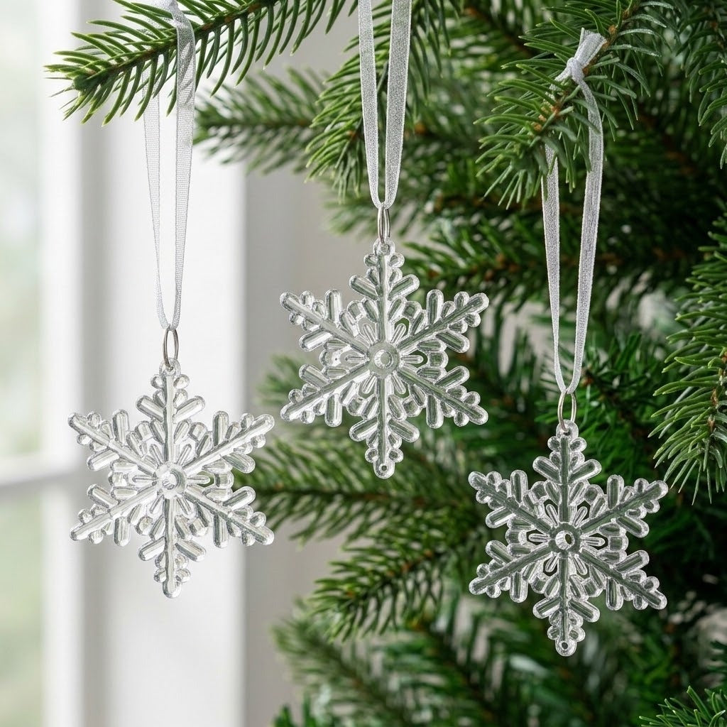 Three clear acrylic Christmas ornaments shaped like six-armed snowflakes hang from white ribbons on evergreen branches beside a bright window.