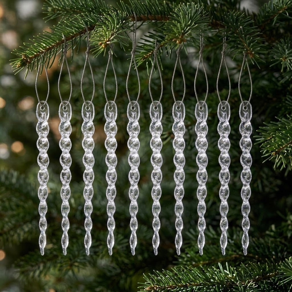 Ten clear spiral icicle ornaments hang from silver cords on evergreen branches against a dark green background.
