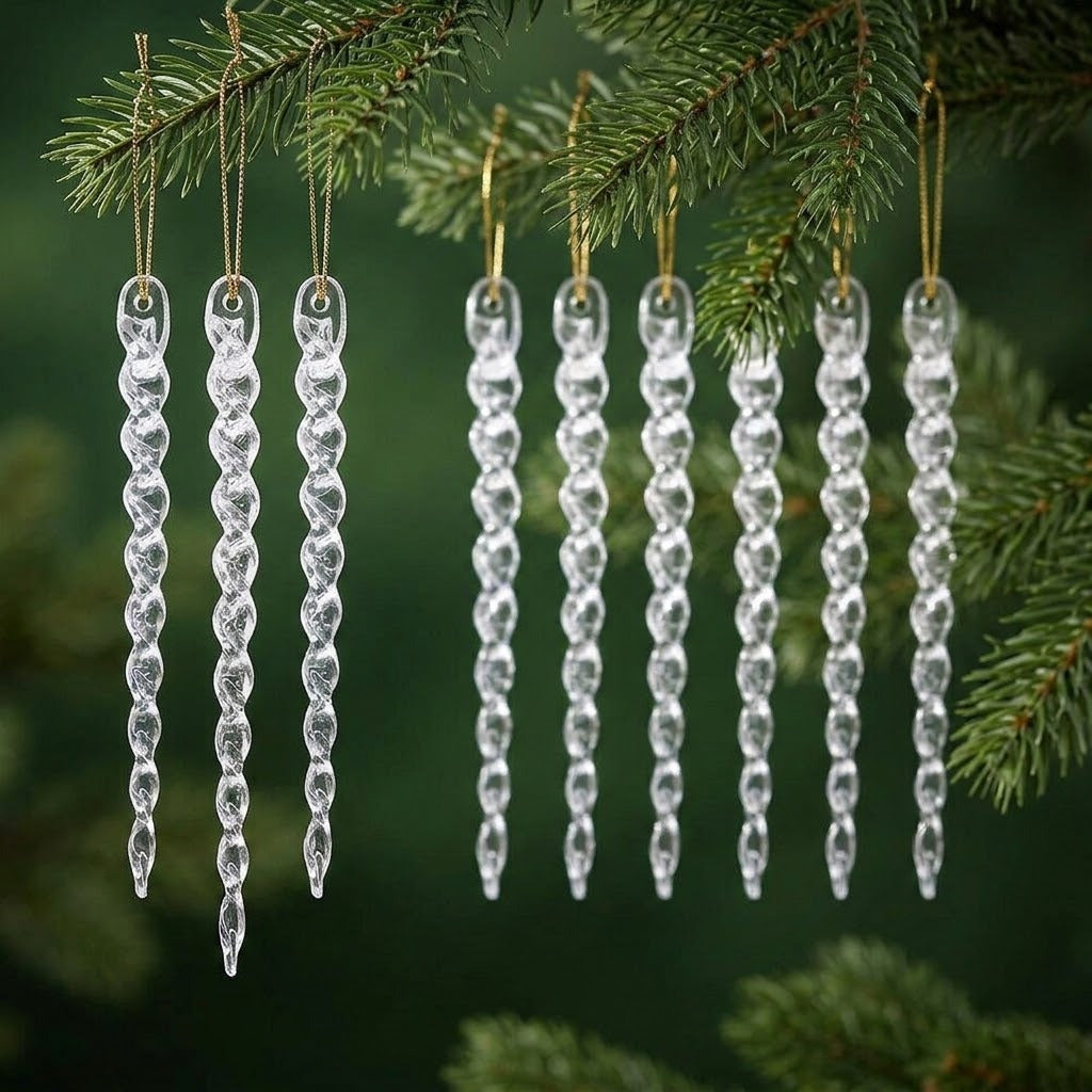 Clear twisted icicle ornaments hang from gold cords on evergreen branches, with three ornaments sharply focused in the foreground.