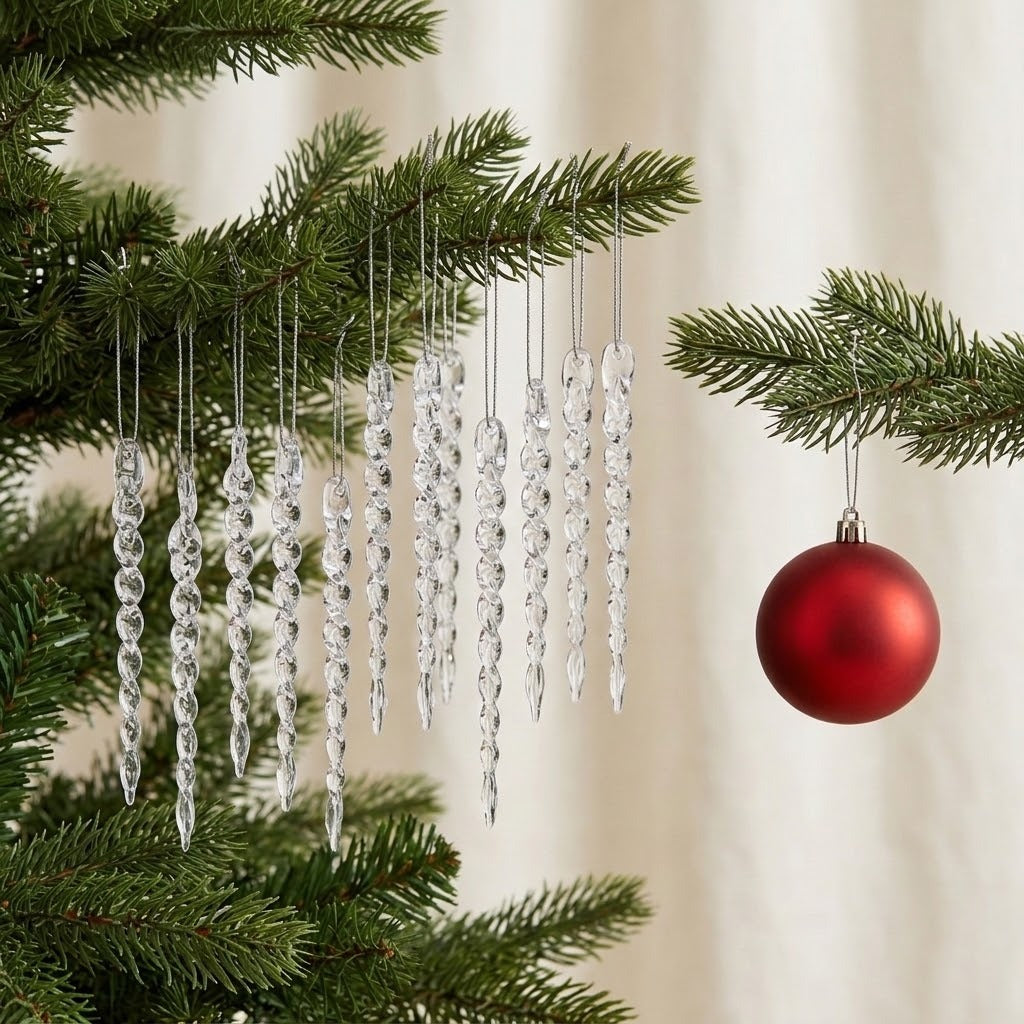 Clear twisted icicle ornaments hang from green Christmas tree branches beside a red bauble against cream curtains.