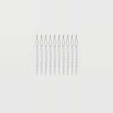 Ten clear twisted icicle ornaments with silver hanging loops form a compact row centered against a white background.