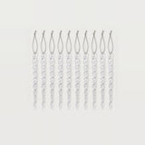 Ten clear icicle ornaments with twisted tapered bodies and silver hanging loops are arranged in a row on white.