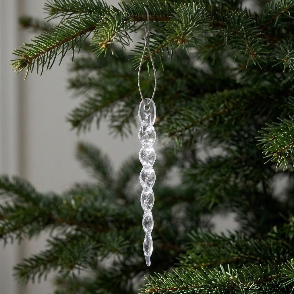 A single clear spiral icicle ornament hangs by a silver cord from an evergreen branch against softly blurred foliage.