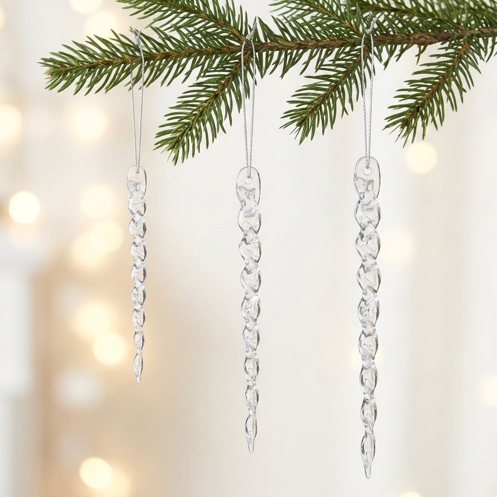 Three clear twisted icicle ornaments hang from silver cords beneath an evergreen branch against a pale background with warm blurred lights.