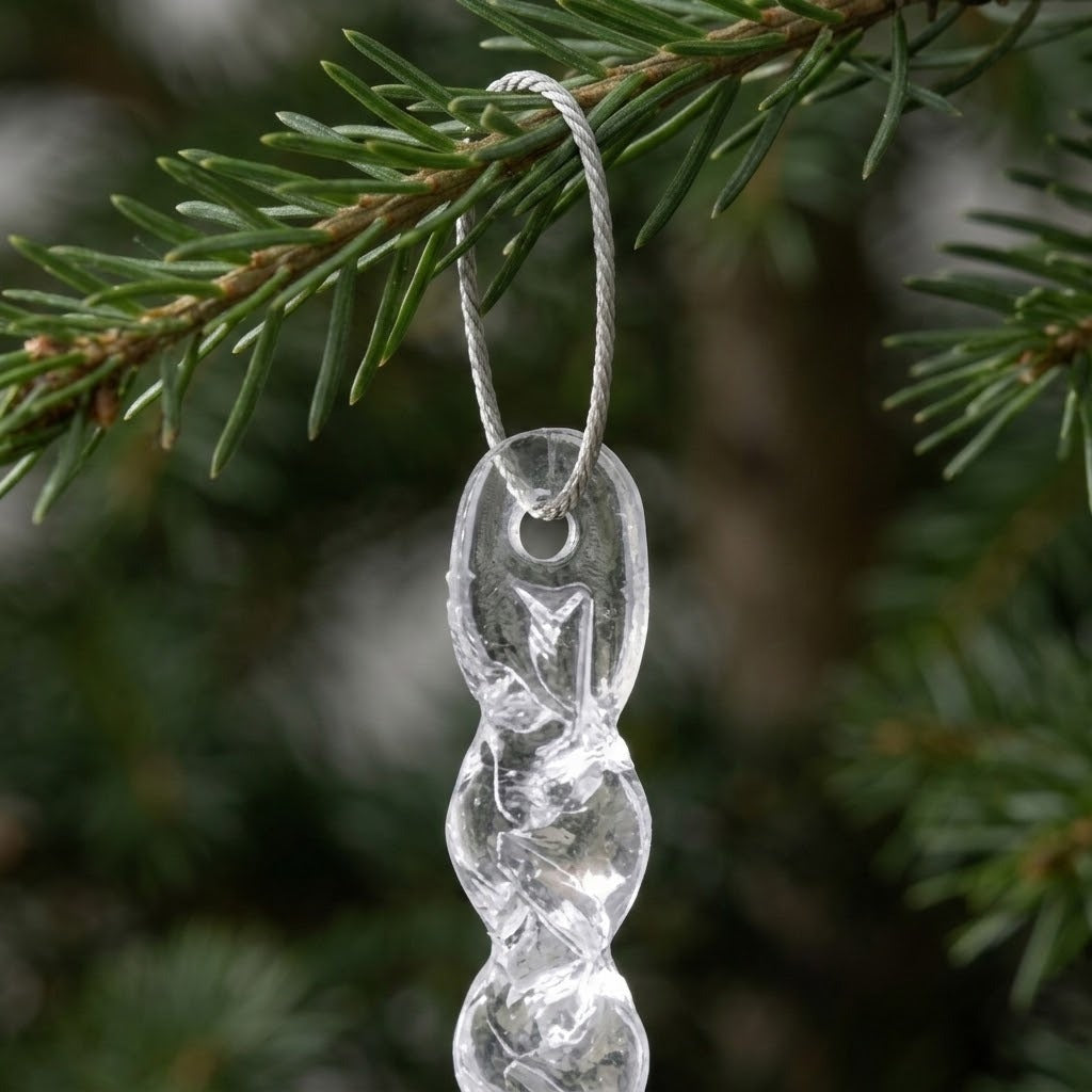 A close-up shows a silver cord threaded through a clear icicle ornament’s hanging hole and looped over an evergreen branch.