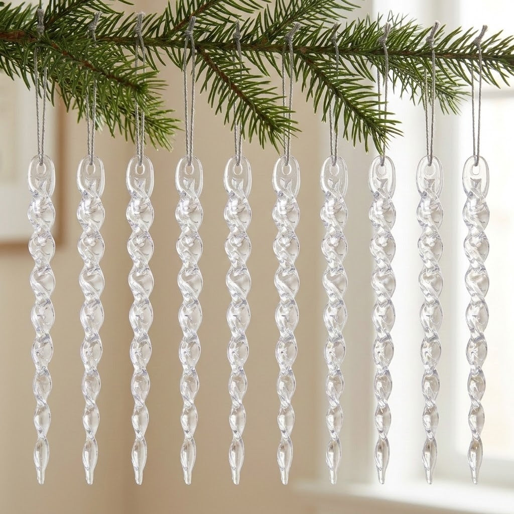 Ten clear spiral icicle ornaments hang in a row from silver cords beneath an evergreen branch against a bright indoor background.