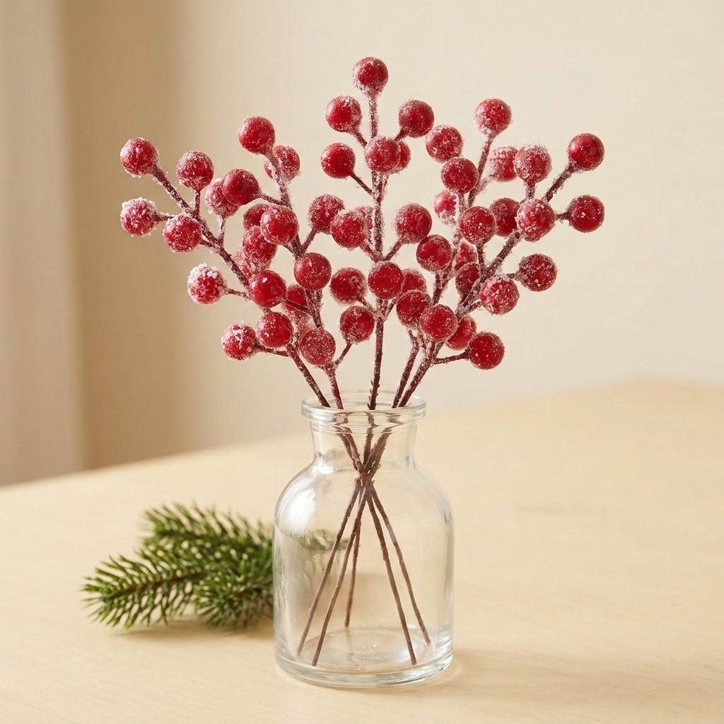 Frosted red berry picks stand in a clear glass jar on a cream tabletop beside an evergreen sprig.