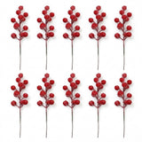 Ten frosted red berry picks with long dark stems are arranged in two rows of five on a white background.