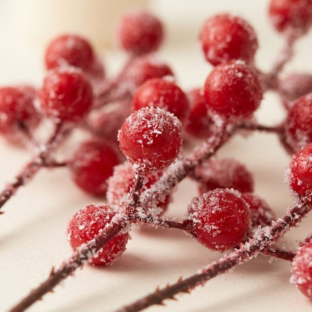 Red berry picks have white frost-like flecks on round berries and brown branching stems, shown close up against a cream background.