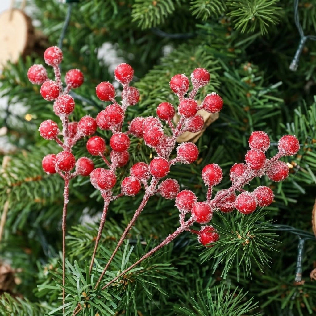 Frosted red berry picks fan out among green Christmas tree branches with string light wires visible behind them.