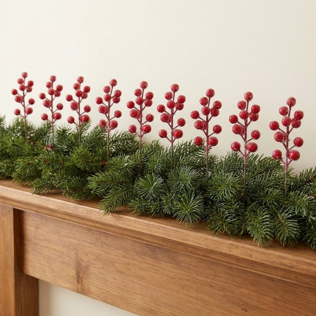 Frosted red berry picks stand upright along an evergreen garland on a wooden mantel against a cream wall.