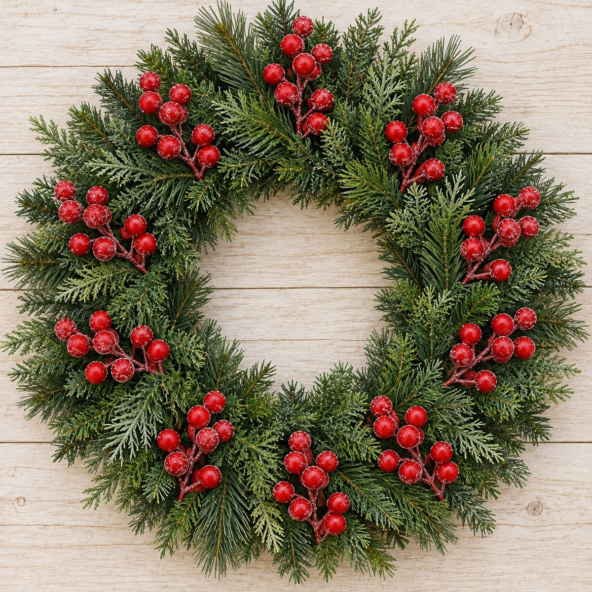 Frosted red berry picks are arranged around a green evergreen wreath on pale wooden planks.