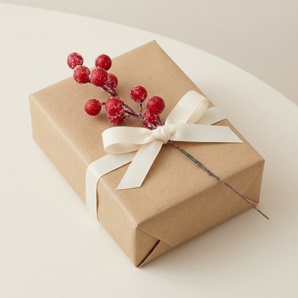 A frosted red berry pick sits beneath an ivory ribbon bow on a brown paper-wrapped gift box against a cream background.