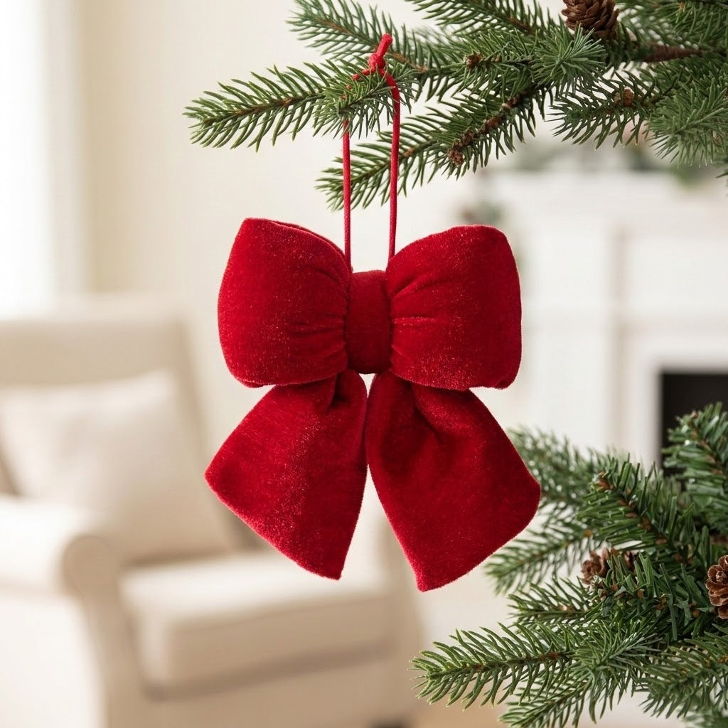 A red velvet Christmas bow hangs from a pine branch with pinecones, with a cream armchair blurred in the background.