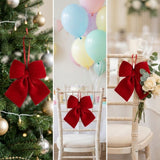 Three panels show red velvet bows decorating a Christmas tree and white chairs beside pastel balloons and white flowers.