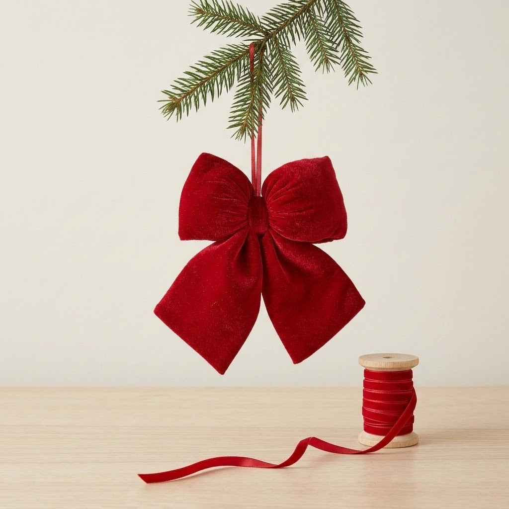 A red velvet Christmas bow hangs from an evergreen branch above a wooden tabletop beside a spool of red ribbon.
